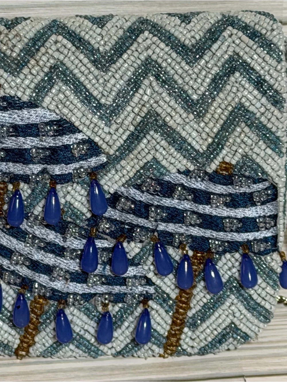 Viral Beaded Umbrella Crossbody Bag Blue Wht Chevron Seed Bead Chain Strap Purse